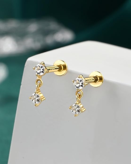 COCHARM 14K Gold Helix Cartilage Tragus Earring Stud Flat Back16g Real Gold Conch Helix Tragus Piercing Jewelry Dangle 14Kt Lip Labret Stud Internally Threaded