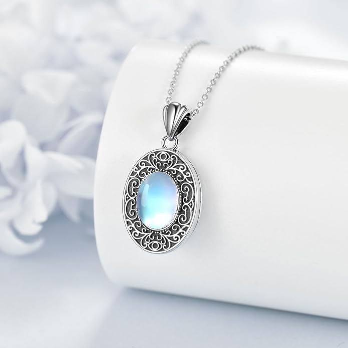 CRMAD Opal/Moonstone/Turquoise Locket Necklace for Women Sterling Silver Oval-Shaped Opal Locket Pendant Holds Pictures Always with You Vintage Style Photos Locket Jewelry Gifts for Loved One