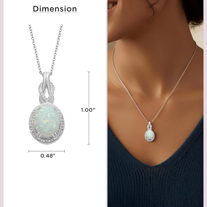 Jewelili Created Oval Opal Necklace Pendant for Women with Diamonds and October Birthstone in Sterling Silver 18" Rolo Chain