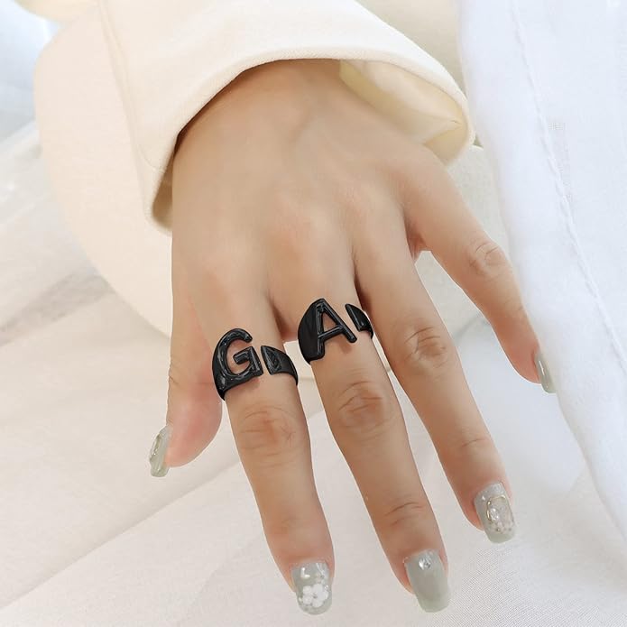 KeyStyle Bold Initial Letter Rings Adjustable, GoldChic Jewelry Women Gold Statement Ring Personalized Engraved Women’s Open Signet Ring for Party (Gold, White Gold, Black)