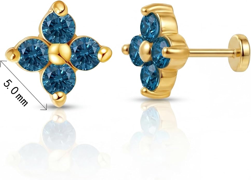 FANSING Short Threadless Cartilage Earring Stackable CZ Birthstone Flat Back Earrings for Women Small Stud Earrings for Tragus Helix Earlobe 18K Gold Plated ‌Rainbow 5.0mm