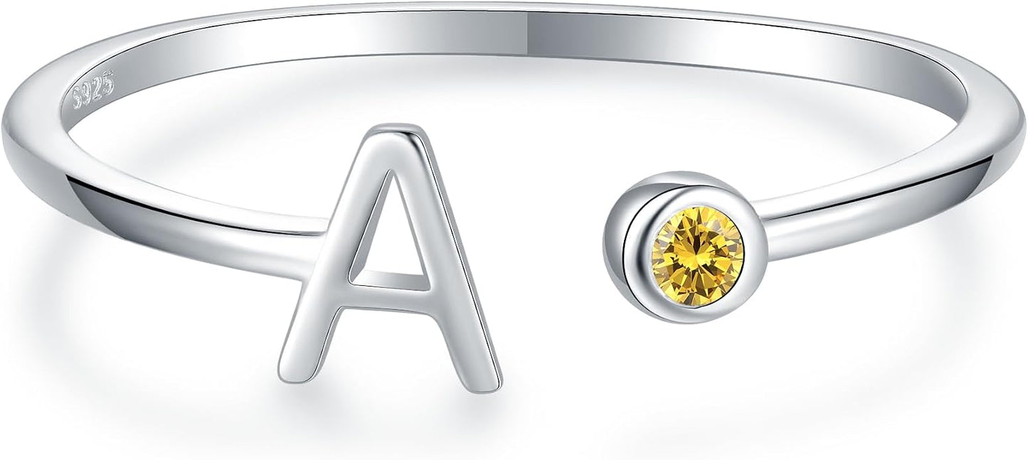 925 Sterling Silver Initial Letter Birthstone Rings for Women Adjustable 1-12 Month Birthstone Alphabet Stacking Ring for Teens Girls Stackable Birthstone Rings Birthday Jewelry Gift for Daughter Mom