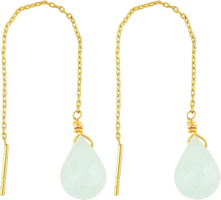 Natural Gemstone Threader Earrings for Women - Dainty 2mm Faceted Beads - Birthstone Crystal Drop Earrings - Silver Plated Healing Jewelry