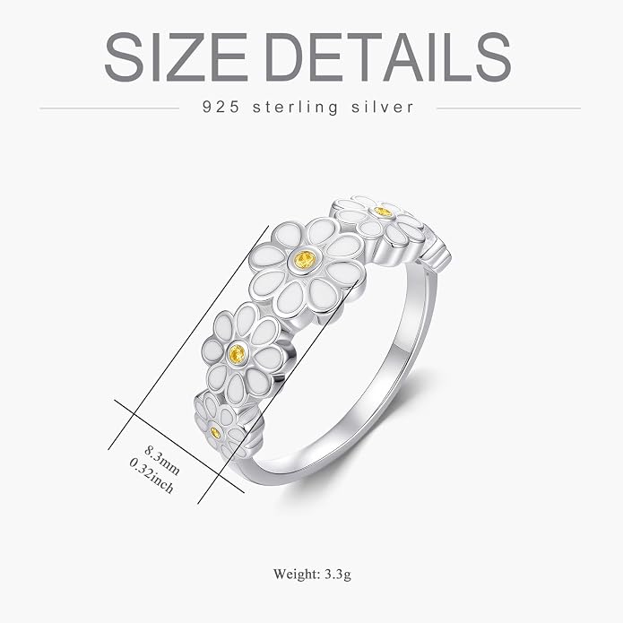 Daisy Rings for Women,925 Sterling Silver Daisy Flower Ring,Sunflower Stacking Statement Band Jewelry Gifts for Graduation Birthday