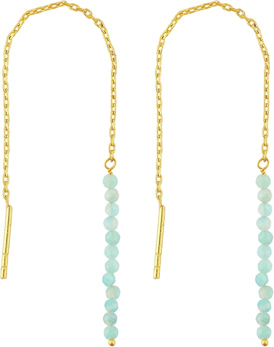 Natural Gemstone Threader Earrings for Women - Dainty 2mm Faceted Beads - Birthstone Crystal Drop Earrings - Silver Plated Healing Jewelry