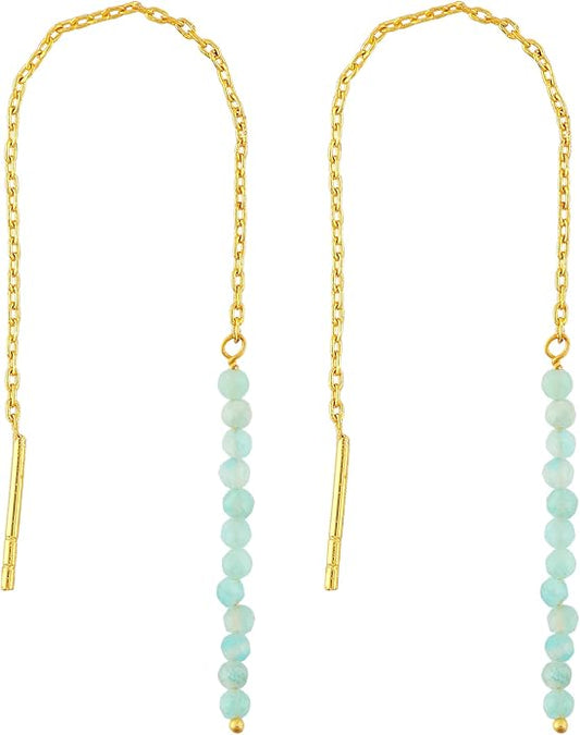 Natural Gemstone Threader Earrings for Women - Dainty 2mm Faceted Beads - Birthstone Crystal Drop Earrings - Silver Plated Healing Jewelry