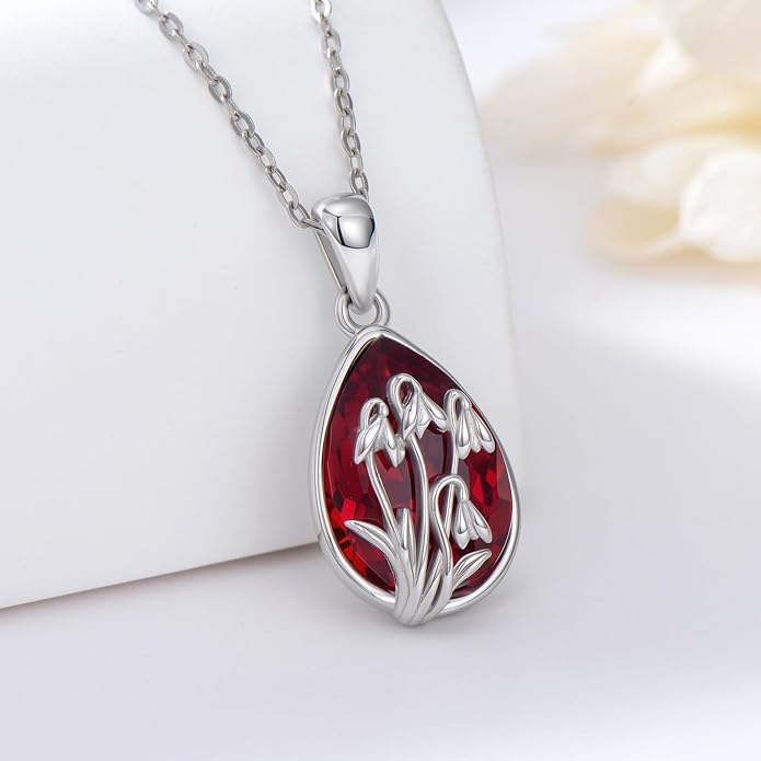925 Sterling Silver Birth Flower Necklace with Teardrop Shaped Birthstone - 12 Colors, 12 Kinds of Flower - Ideal Birthday Jewelry Gift for Women, Mothers, Daughters & Wives