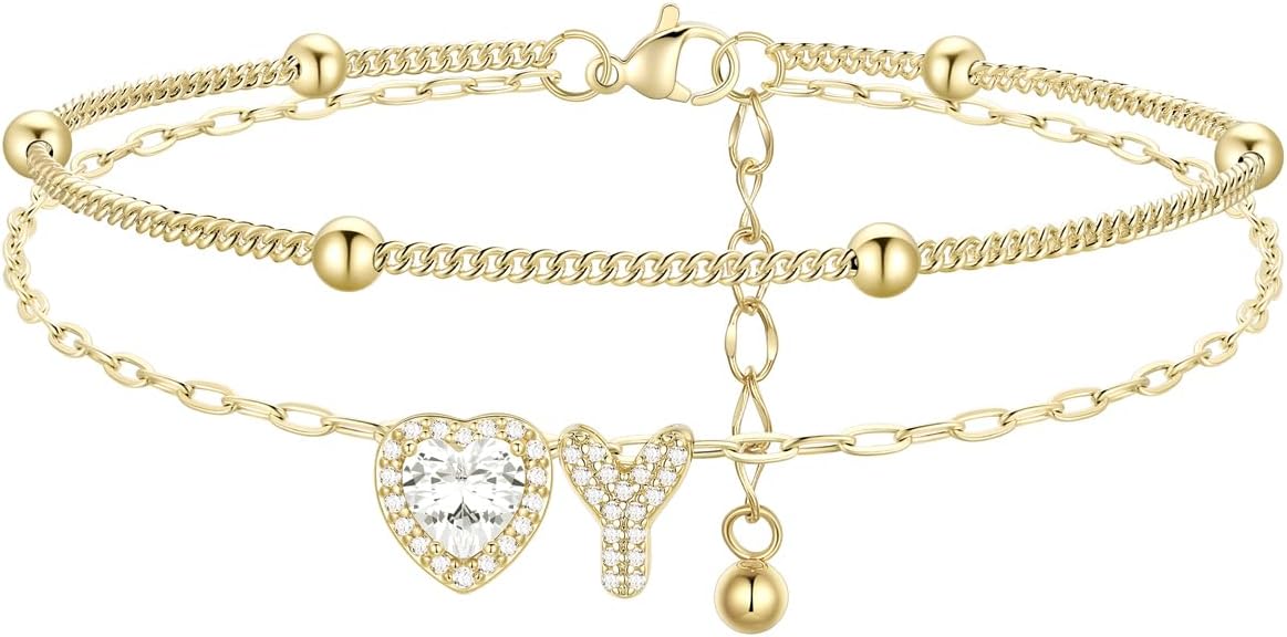 FindChic Silver/14K Gold Plated Layered CZ Initial Ankle Bracelet for Women | Waterproof Stainless Steel, Cubic Zirconia Letter Charm, Non-Tarnish, Hypoallergenic, Adjustable Extender, Summer Jewelry