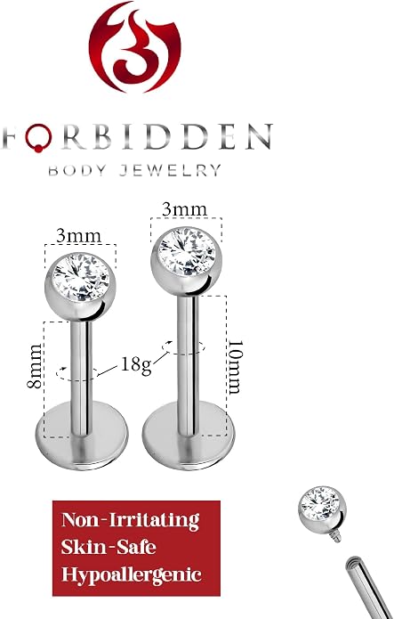 Forbidden Body Jewelry 16G-18G Internally Threaded Solid Titanium Tragus/Helix Earring/Labret Stud with CZ Ball Top
