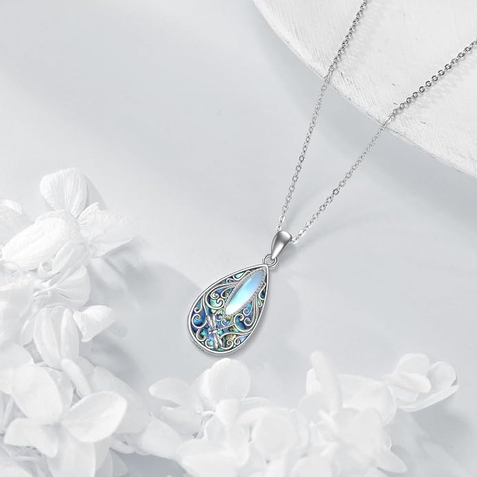 ONEFINITY Filigree Moonstone Necklace 925 Sterling Silver Bohemian Irish Celtic Necklace Abalone Shell Filigree Jewelry Gifts For Women