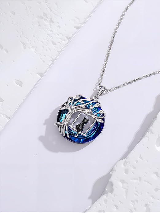 TOUPOP Cat Necklace Gifts for Women Sterling Silver Celtic Mounatin Moon Pendant with Blue Crystal Birthday Christmas Jewelry Gifts for Women