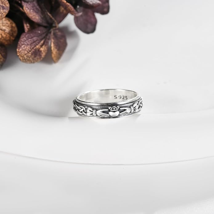 Fidget Spinner Rings 925 Sterling Silver Claddagh Celtic Knot/Moon Star Anxiety Ring Irish Claddagh Jewelry Gifts for Women Girls Men
