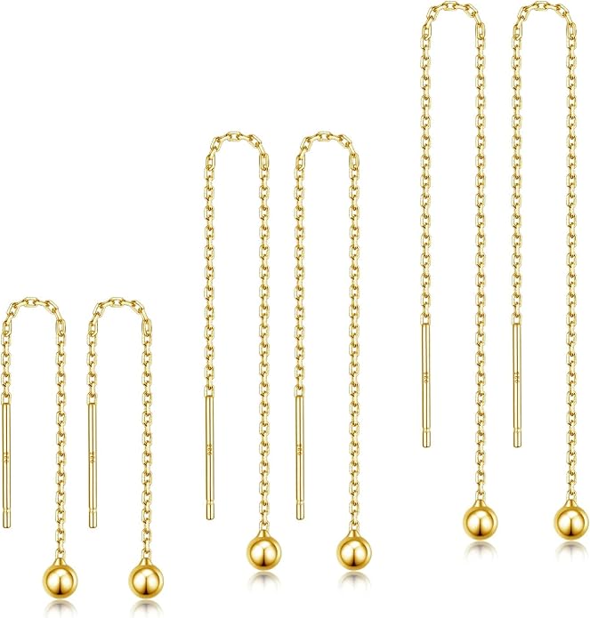 3 Pairs Threader Earrings 925 Sterling Silver Long Chain Earrings Bar/Ball Wrap Threader Drop Earrings for Women Lightweight Minimalist Mother's Day Jewelry Set