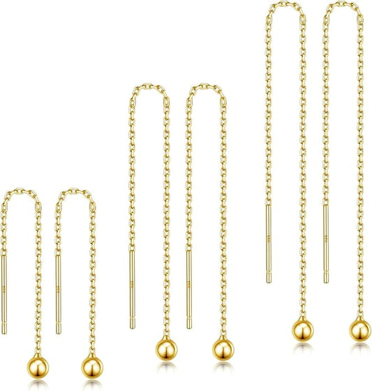 3 Pairs Threader Earrings 925 Sterling Silver Long Chain Earrings Bar/Ball Wrap Threader Drop Earrings for Women Lightweight Minimalist Mother's Day Jewelry Set