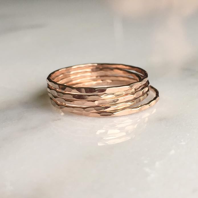 Ellie J Maui Hammered Ring, 1mm Thin Stacking Rings, Minimalist Rings for Women, 14K Gold Filled Rings for Teen Girls Midi Knuckle Pinky Finger Jewerly (Size 3-11)