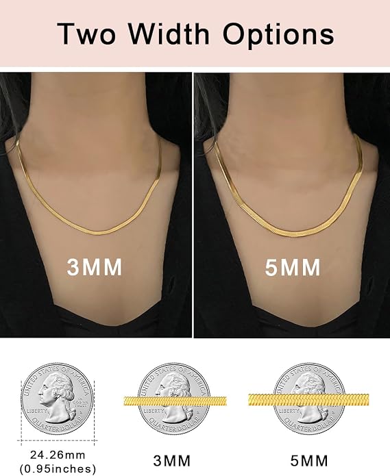 FOCALOOK 14K Gold Plated Necklaces for Women, Fashion Herringbone Choker Necklace Stainless Steel Flat Snake Chain 3/5MM(W) 12.5"/15"/18"+3.5"(L)