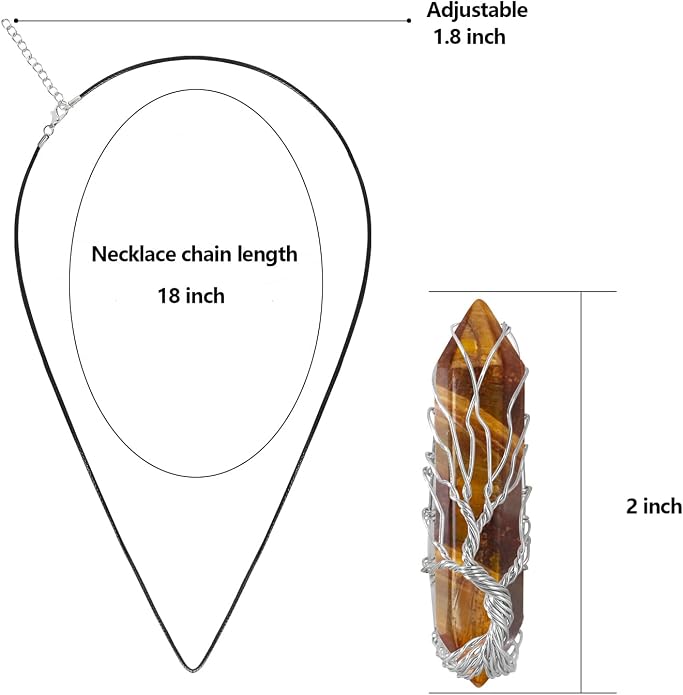 VIBILIA Healing Crystal Necklace Tree of Life Wire Wrapped Natural Stone Point Pendant Necklace Hexagonal Reiki Spiritual Quartz Gemstone Jewelry for Women Men
