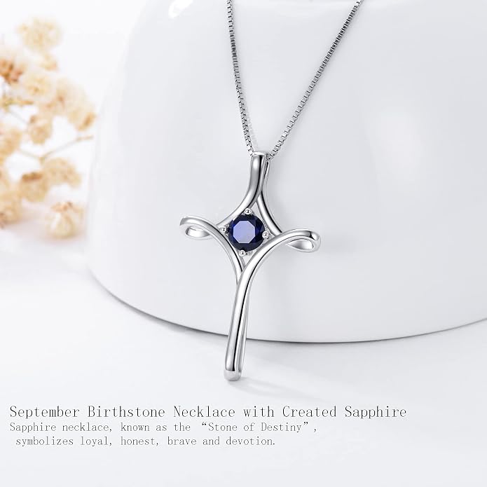 TOUPOP Cross Necklace for Women 925 Sterling Silver Birthstone Cross Pendant Fine Jewelry Anniversary Birthday Mothers Day Gifts for Mom Wife Her