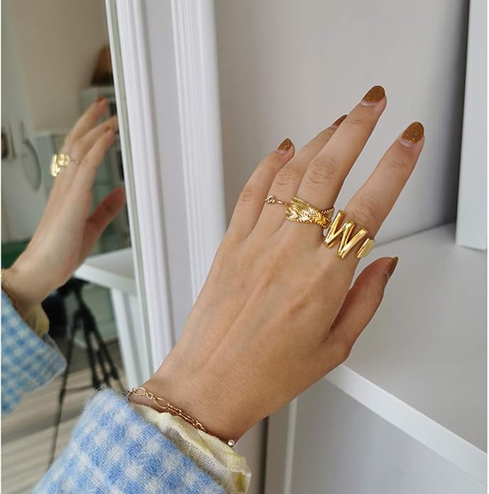 KeyStyle Bold Initial Letter Rings Adjustable, GoldChic Jewelry Women Gold Statement Ring Personalized Engraved Women’s Open Signet Ring for Party (Gold, White Gold, Black)