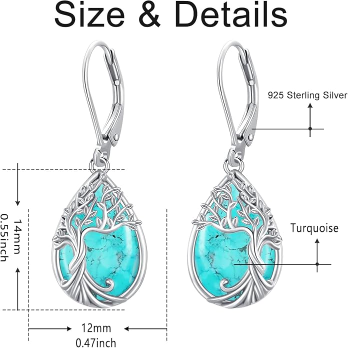 Odinstone 925 Sterling Silver Earrings Tree of Life Teardrop Moonstone Dangle Drop Leverback Earrings for Women