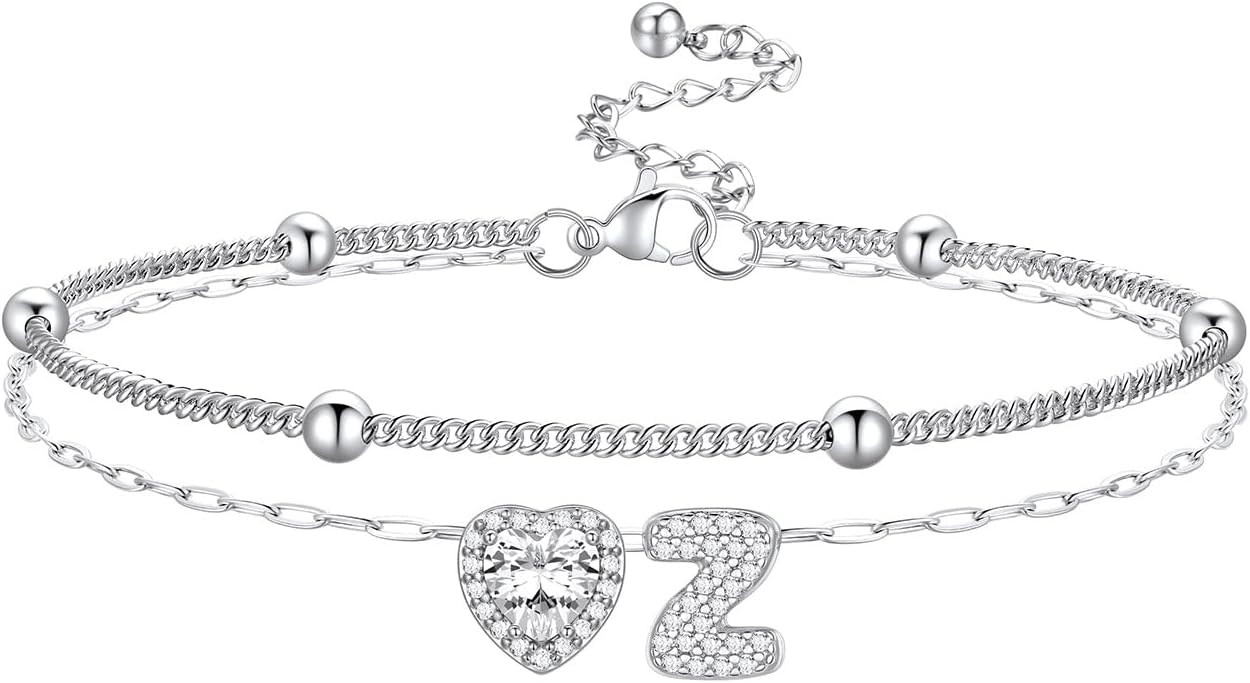 Bestyle Initial Anklet Bracelets for Women Waterproof Non Tarnish 14K Gold/White Gold Plated CZ Anklets for Women Dainty Layered Letter Heart Ankle Bracelets Adjustable Foot Chain Anklet