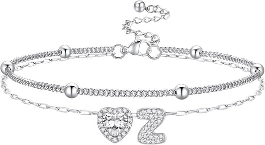 Bestyle Initial Anklet Bracelets for Women Waterproof Non Tarnish 14K Gold/White Gold Plated CZ Anklets for Women Dainty Layered Letter Heart Ankle Bracelets Adjustable Foot Chain Anklet