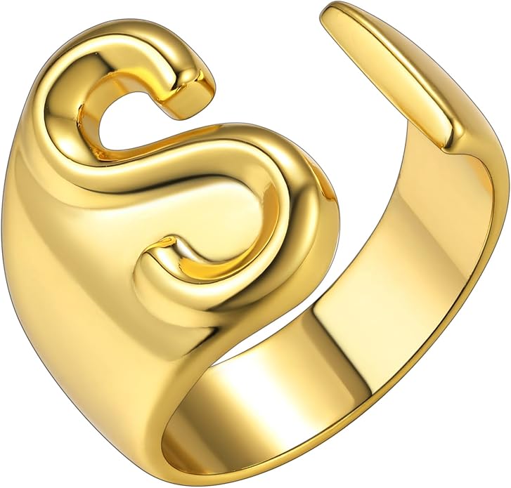 KeyStyle Bold Initial Letter Rings Adjustable, GoldChic Jewelry Women Gold Statement Ring Personalized Engraved Women’s Open Signet Ring for Party (Gold, White Gold, Black)