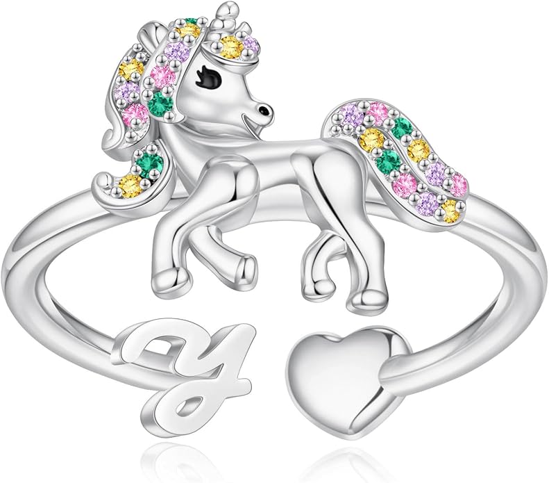 Unicorn Initial Rings for Teen Girls, Rose Gold/White Gold Plated Heart Initial Rings for Girls Adjustable Stackable Rings for Women Diny Heart Ring for Teen Girls Gifts Unicorns Gifts for Girls