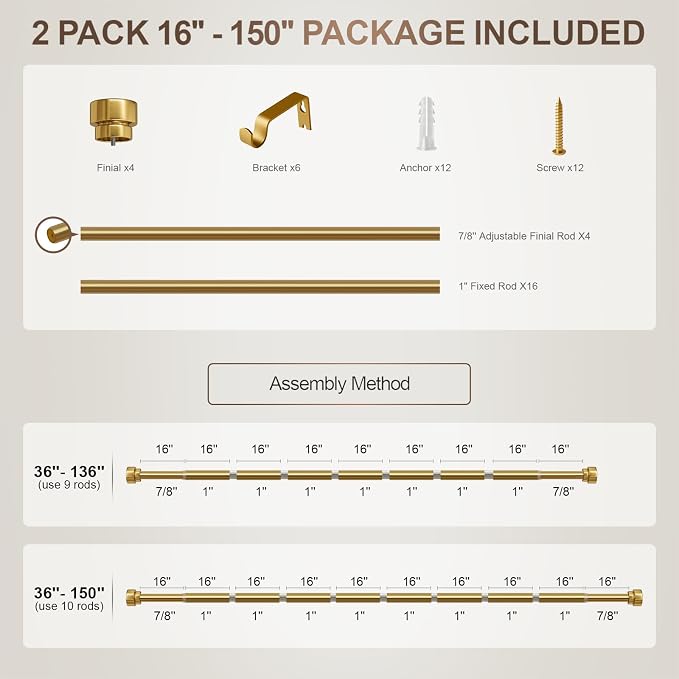 Lootkell 2 Pack Modern Gold Curtain Rods for Windows 72 to 144 Adjustable Heavy Duty 1" Diameter Brass Window Curtain Rod with Solid Metal Finials for Outdoor Farmhouse Bedroom Kitchen Living Room