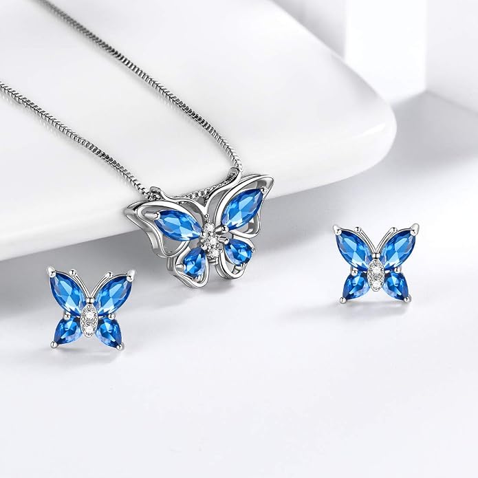 Aurora Tears Butterfly Jewelry,Women 925 Sterling Silver Butterflies Birthstone Pendant Necklace/Earrings/Rings Wedding Gift