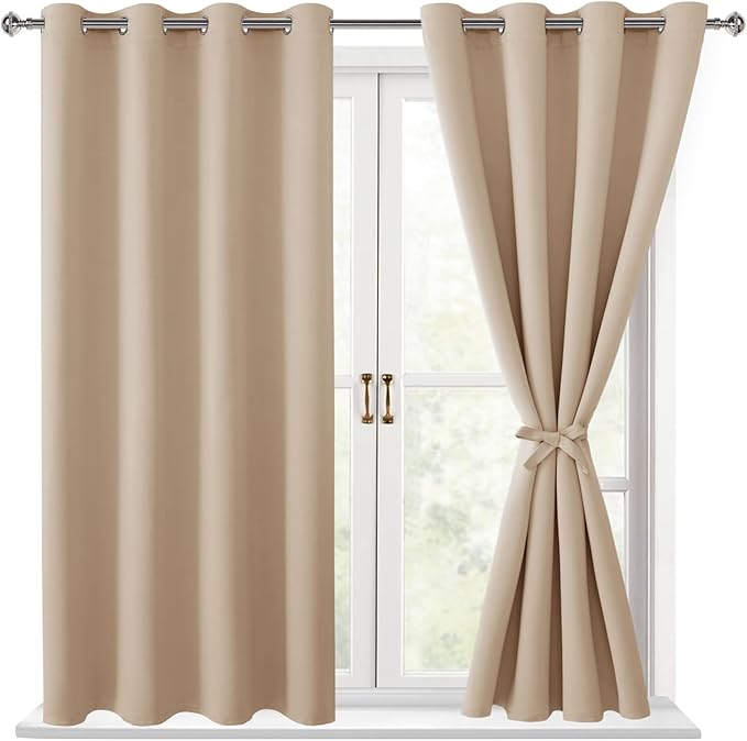 Hiasan Blackout Curtains for Bedroom - Thermal Insulated & Light Blocking Window Curtains for Living Room/Kids Room, 2 Drape Panels Sewn with Tiebacks, Beige, 52 x 45 Inch