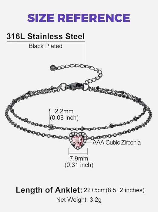 Richsteel Double Layer Heart/Butterfly Birthstone Anklet for Women Non Tarnish Waterproof, Silver/Gold/Black Stainless Steel 8.5-10.5 Inch Adjustable Chain Anklets Jewelry Gifts for Her