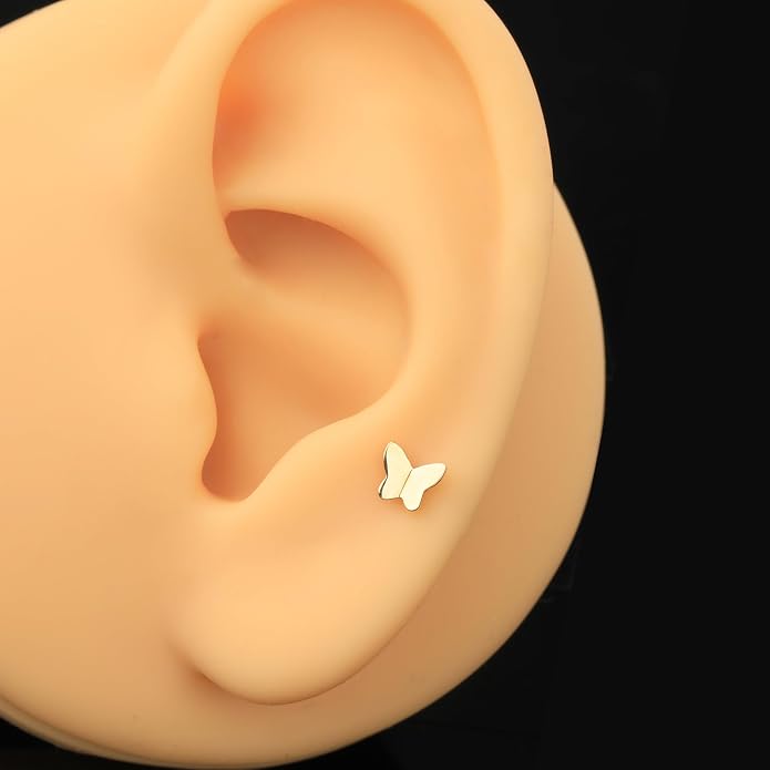 Jewseen 9K Real Solid Yellow Gold Butterfly Stud Earring Flat Back Internal Threaded 16G 8mm Gorgeous Fine Piercing Jewelry for Auricular Cartilage Helix Tragus Lobe Lip