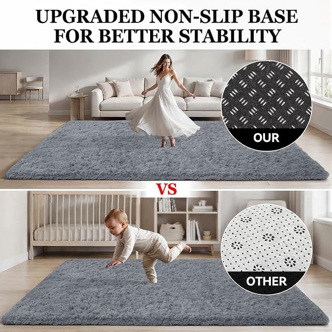 Area Rug for Living Room Bedroom: 6x9 Soft Fluffy Shag Rugs Upgrade Non-Slip High Pile Carpet Large Fuzzy Plush Indoor Floor Shaggy Carpets for Nursery Kid Playroom Office Dorms Home Decor Light Gray