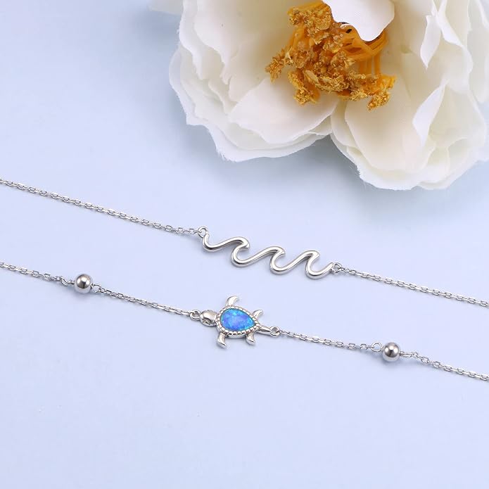 Flyow Anklet for Women S925 Sterling Silver Adjustable Foot Beaded Heart Charm Ankle Bracelet Anklets Jewelry