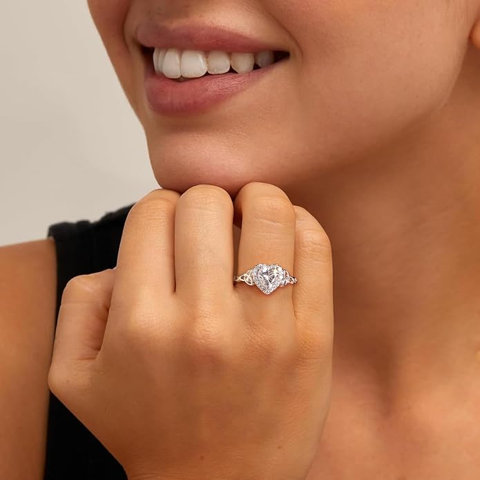 DAYBYDAY Celtic Birthstone Rings for Women 925 Sterling Silver Heart/Round/Pear/Oval Created Gemstone Moissanite Halo Engagement Promise Rings for Her Wife Birthday Anniversary Wedding Jewelry
