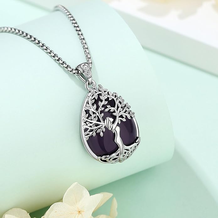 EUDORA Tree of Life Necklace with Moonstone Amethyst Obsidian Turquoise Healing Crystal for Women, Silver Plated Copper Mother Tree of Life Pendant Amulet Energy Jewelry, Gift for Women Mom, 20"+2"