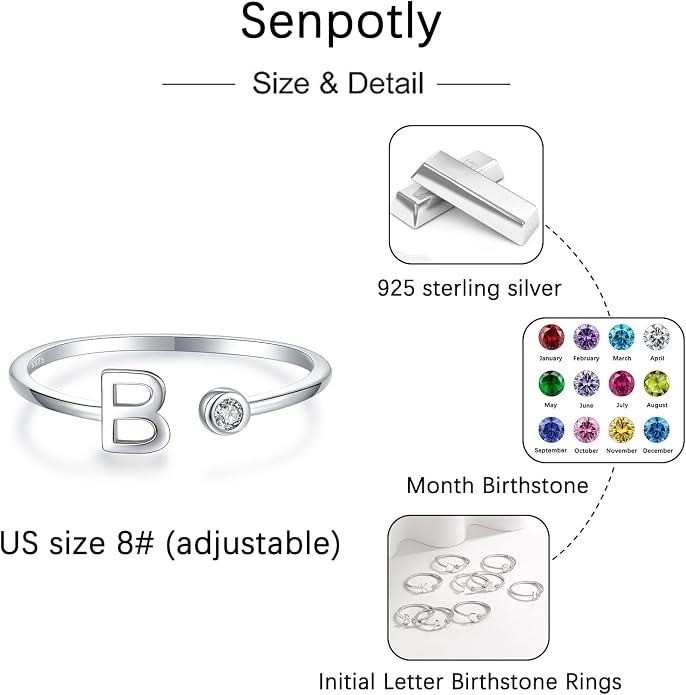 925 Sterling Silver Initial Letter Birthstone Rings for Women Adjustable 1-12 Month Birthstone Alphabet Stacking Ring for Teens Girls Stackable Birthstone Rings Birthday Jewelry Gift for Daughter Mom