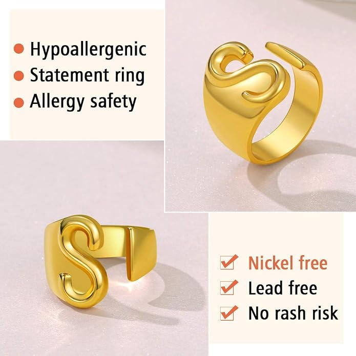 FindChic Customizable Initial Ring Statement 18K Gold Plated Fashion Cuff Rings for Women Alphabet Letter A to Z Resizable Knuckle Ring (with Gift Box)
