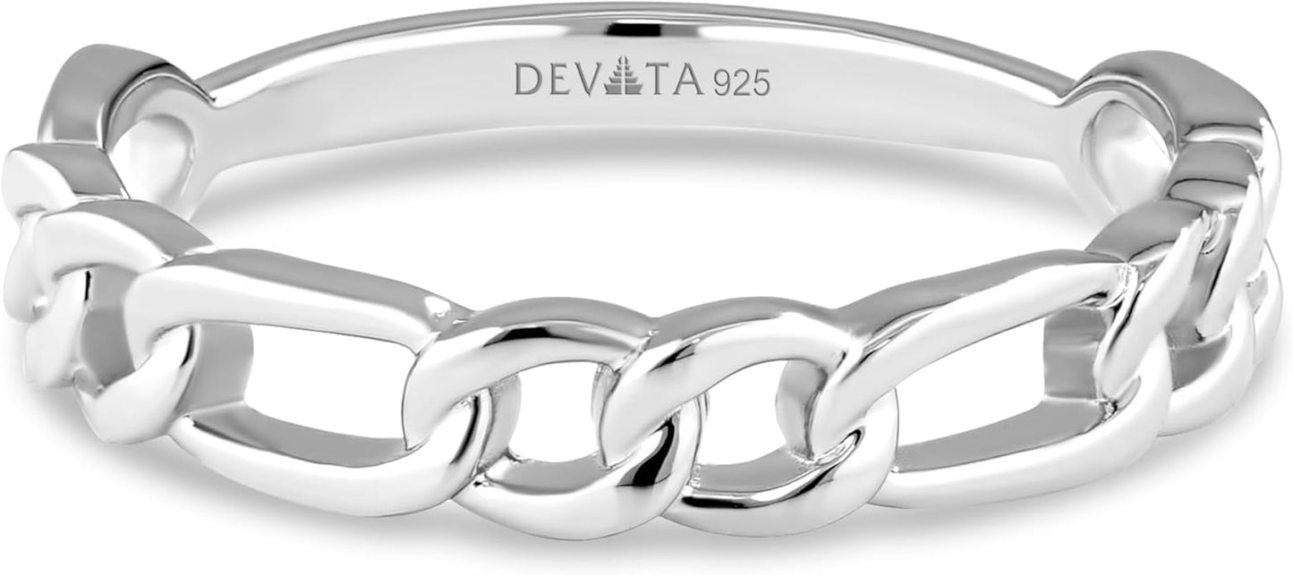 DEVATA Gold or Rhodium Plated Sterling Silver 925 – Eternity, Band Ring for Women – Heart, Knot, Clover, Infinity, Mariner, Cable, Curb, Cuban, Figaro, Daisy, Rope, Ribbed, Dome