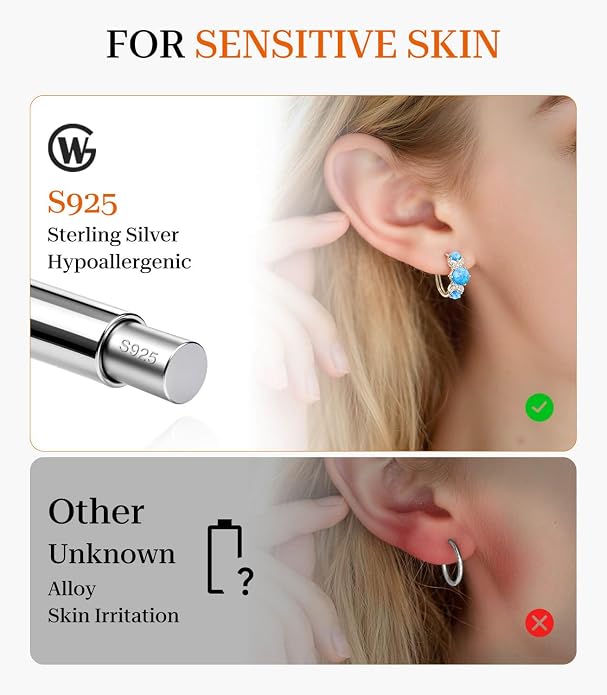 Opal Earrings for Women Gold Plated Hoop Earrings with Blue Opal Huggie with 925 Sterling Silver Post