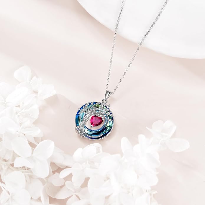 POPLYKE Mothers Day Gifts for Mom Her Wife Tree of Life Necklace 925 Sterling Silver Birthstone Pendant with Crystal Anniversary Birthday Wedding Jewelry for Women