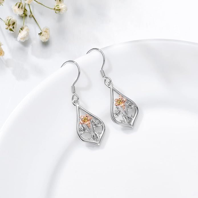 WINNICACA Sterling Silver Dangle Drop Earrings for Women Mom Flower Leverback Earrings Jewelry Christmas Anniversary Birthday Gifts