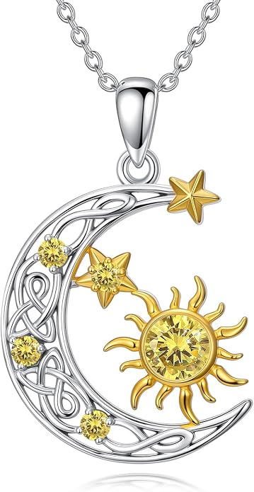 PELOVNY Sun and Moon Necklace for Women 925 Sterling Silver Sun Moon Star Birthstone Pendant Necklaces Birthday Christmas Jewelry Gifts for Mom Daughter Wife Sister
