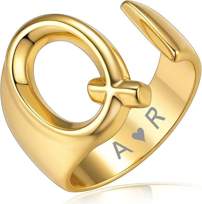 KeyStyle Bold Initial Letter Rings Adjustable, GoldChic Jewelry Women Gold Statement Ring Personalized Engraved Women’s Open Signet Ring for Party (Gold, White Gold, Black)