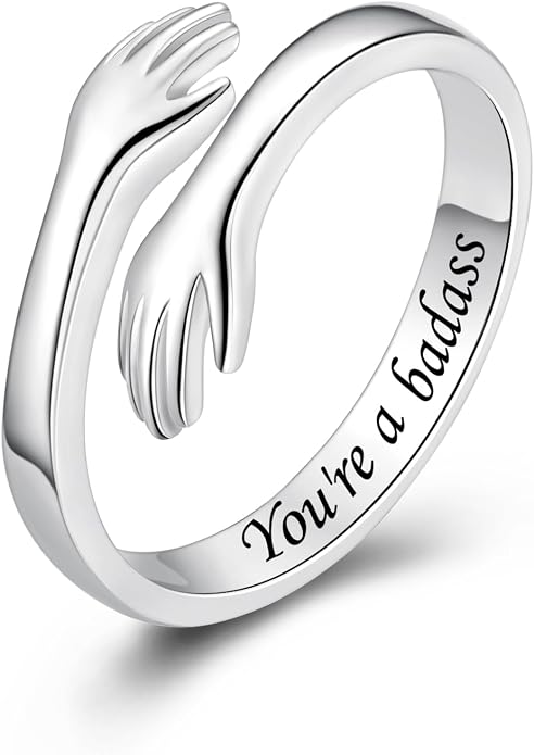 S925 Sterling Silver Hug Rings for Women Teen Girls Adjustable Ring for Granddaughter Daughter Hope Promise Friendship Hand Ring Jewelry for Birthday Graduation Christmas Mothers Day Valentines Gifts