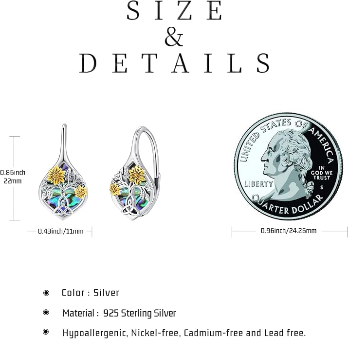 Sunflower Earrings 925 Sterling Silver Sunflower Abalone Shell Earrings Tree of Life Leverback Earrings Jewelry Gifts for Women