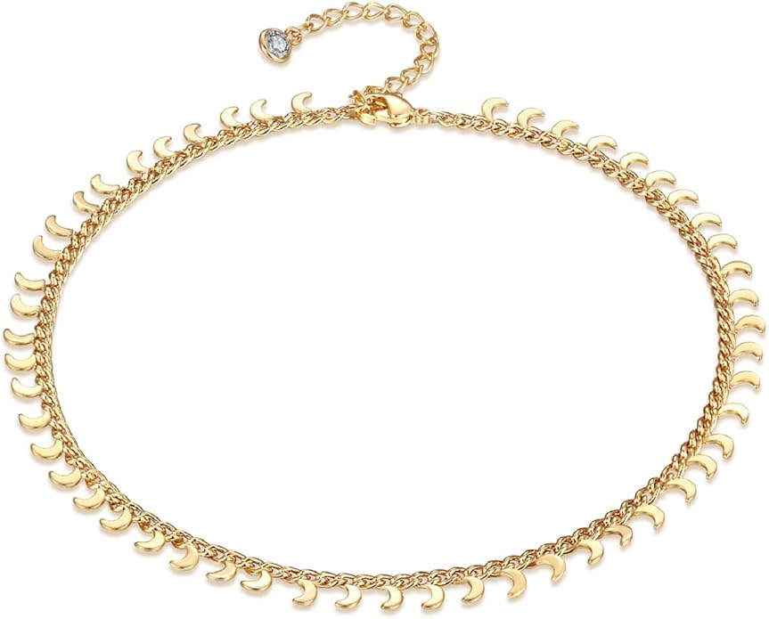 LOYATA Dainty Ankle Bracelet,14K Gold Plated Tiny Bead Anklet Dainty White Cubic Zirconia Cross Tassel Foot Chain Cute Lucky Moon Evil Eye Foot Jewelry Boho Anklets for Women