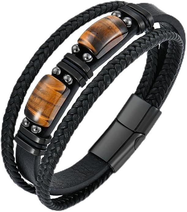 Mens Leather Bracelet Natural Tiger Eye Protection Multilayer Braided Wristband Bangle Gifts for Him