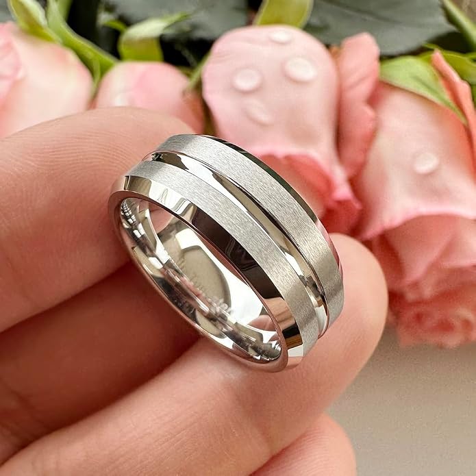 TUTISS 6mm 8mm White Tungsten Rings for Men Women Couple Fashion Jewelry Engagement Wedding Bands Matte Finish Beveled Edges Comfort Fit